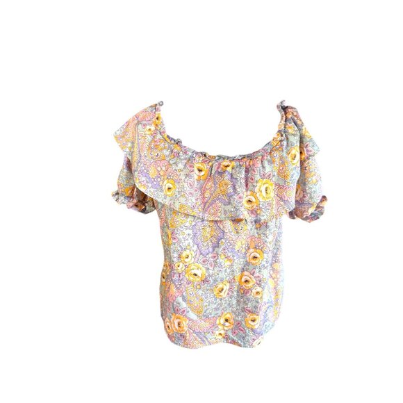 Good Luck Gem Floral Ruffled Blouse 100% Cotton Short Puff Sleeves Boho Chic - Picture 7 of 10